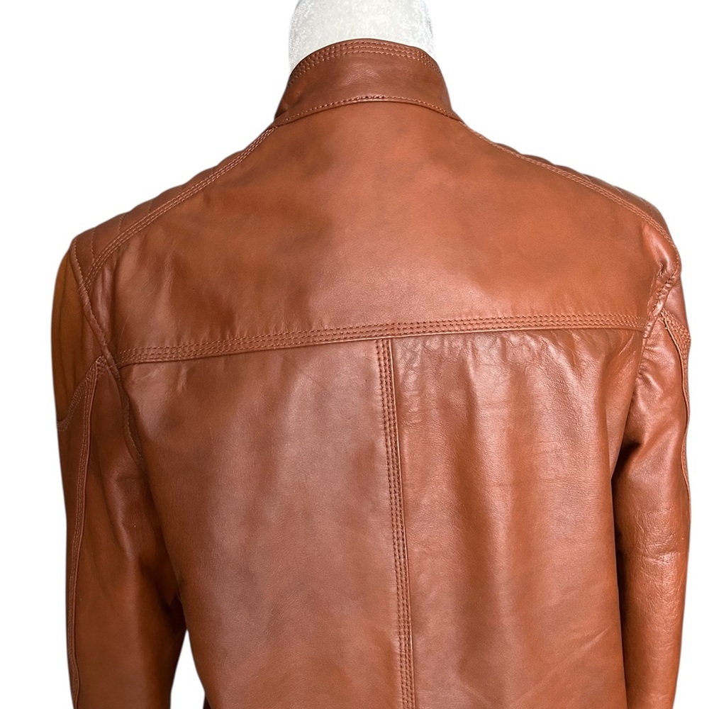 Zara Unisex Biker Leather Jacket – Tan/Cognac, Size Small Like New - Picture 8 of 14
